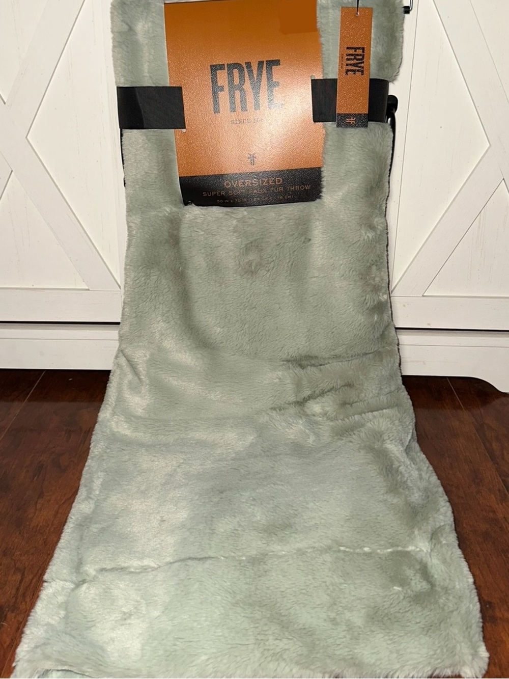 Frye Oversized Faux Fur Throw Blanket in Light Sage Green